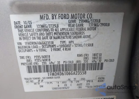 2006 Ford Freestyle Limited z USA, uszkodzony, nr VIN 1FMDK06106PA23558